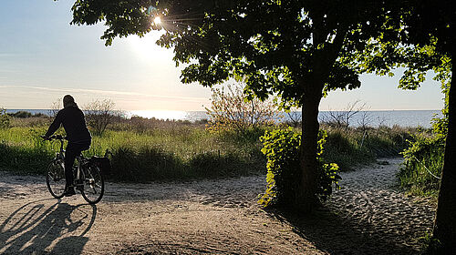 Radfahren Ein Radfahrer ist vor der utnergehenden Sonne als Silhoutte zu erkennen. Er fährt einen Küstenweg entlang, so dass die Ostsee zu sehen ist.
